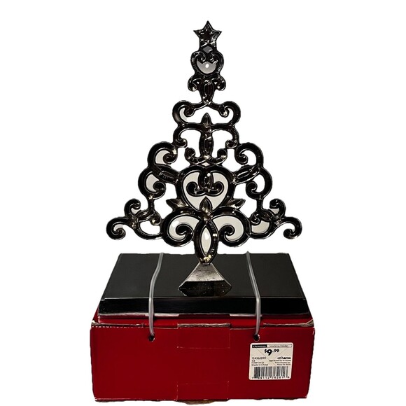 At Home Metal Christmas Tree Stocking Holder Silver Scroll Decor Mantle Hook - Picture 2 of 6